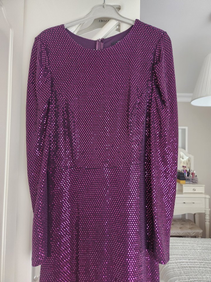 Uzun Kollu Mor Kadın Abiye Elbise - Görsel 3