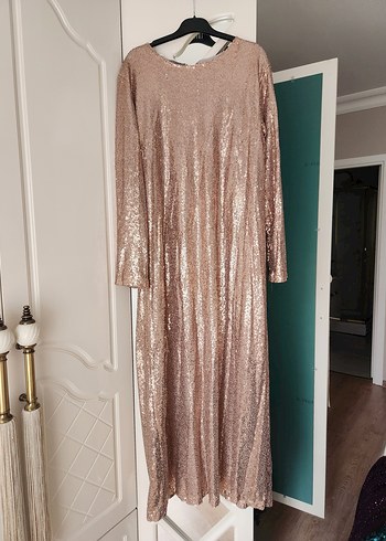 Bej Parlak Uzun Kollu Drapeli Abiye Elbise - Görsel 2