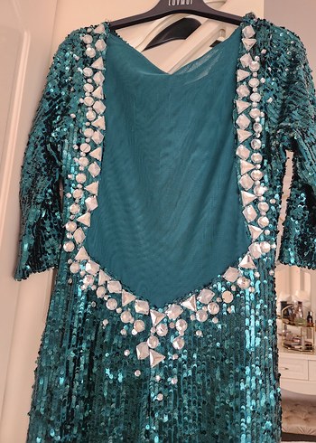 Parlak Turkuaz Uzun Kollu Drapeli Abiye Elbise 38 40 42 bdn olur - Görsel 3