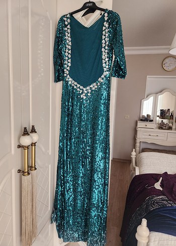 Parlak Turkuaz Uzun Kollu Drapeli Abiye Elbise 38 40 42 bdn olur - Görsel 2