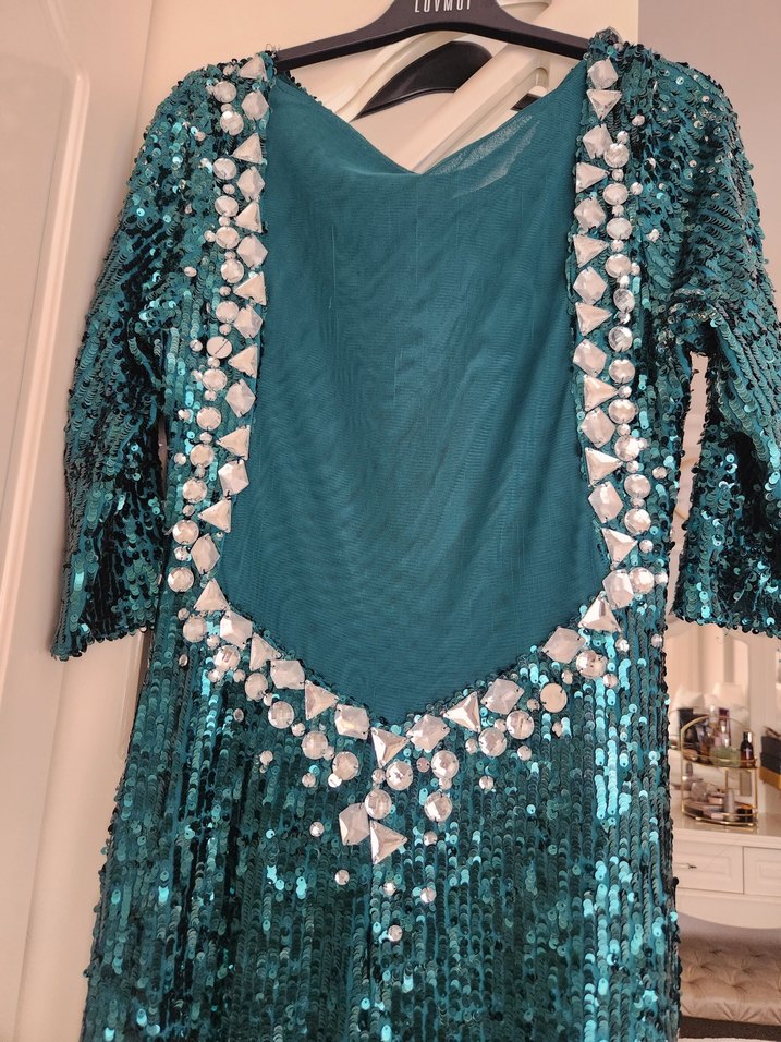 Parlak Turkuaz Uzun Kollu Drapeli Abiye Elbise 38 40 42 bdn olur - Görsel 3