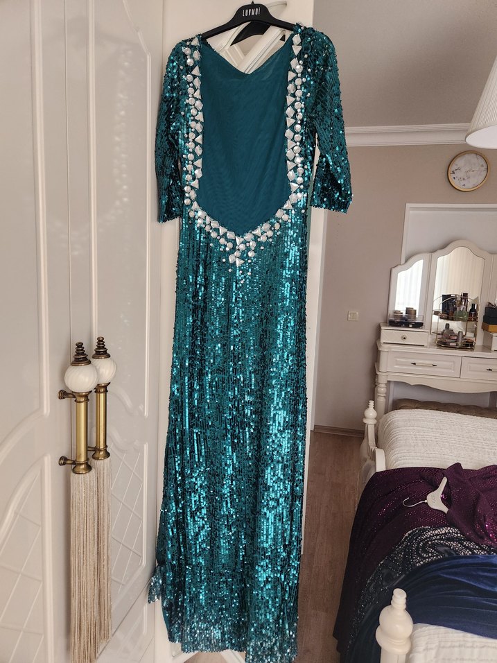 Parlak Turkuaz Uzun Kollu Drapeli Abiye Elbise 38 40 42 bdn olur - Görsel 2