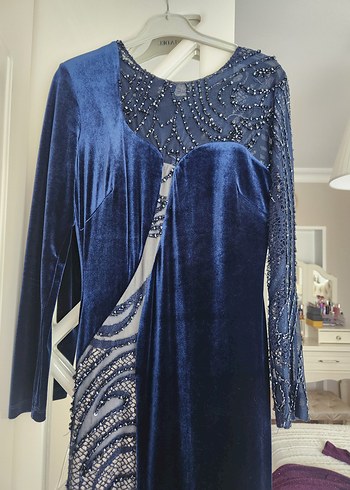 Lacivert Drapeli Uzun Kadın Abiye Elbise - Görsel 2