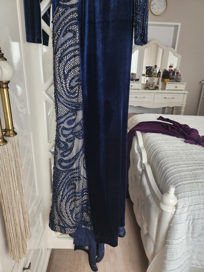 Lacivert Drapeli Uzun Kadın Abiye Elbise - Görsel 3