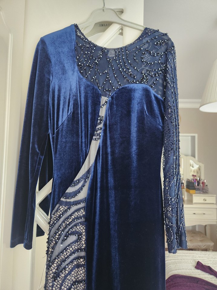 Lacivert Drapeli Uzun Kadın Abiye Elbise - Görsel 2