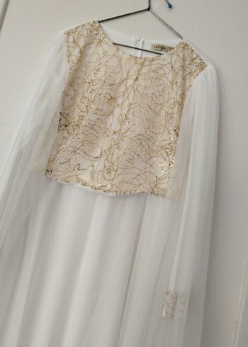 Nakışlı Uzun Kollu Beyaz Dantel Abiye - Görsel 2