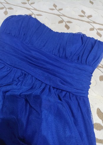 Drapeli Straplez Midi Mavi Kadın Abiye Elbise - Görsel 4