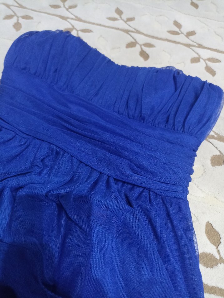 Drapeli Straplez Midi Mavi Kadın Abiye Elbise - Görsel 4