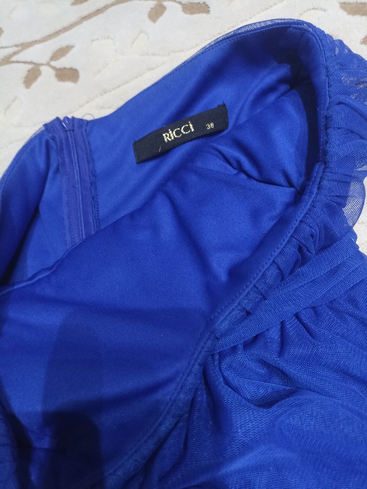 Drapeli Straplez Midi Mavi Kadın Abiye Elbise - Görsel 3