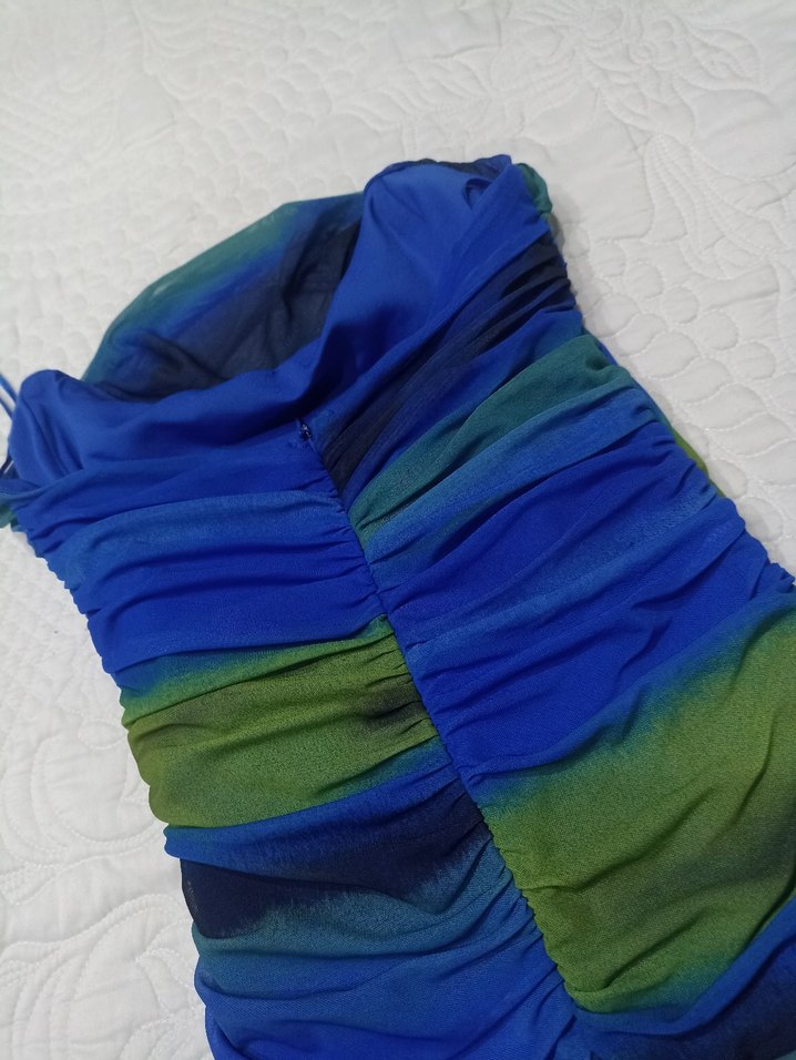 Drapeli Straplez Midi Tie-Dye Parti Elbisesi - Görsel 3