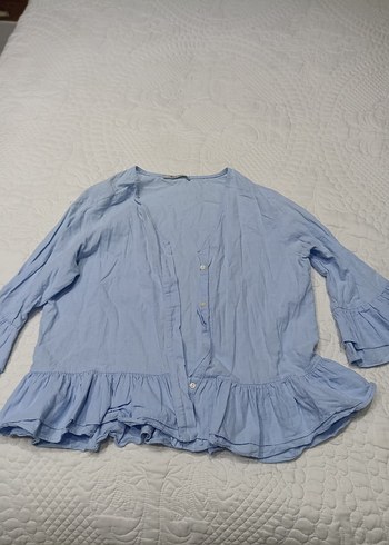 Mavi V Yaka Düğmeli Kadın Keten Gömlek - Görsel 2