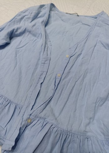 Mavi V Yaka Düğmeli Kadın Keten Gömlek - Görsel 4