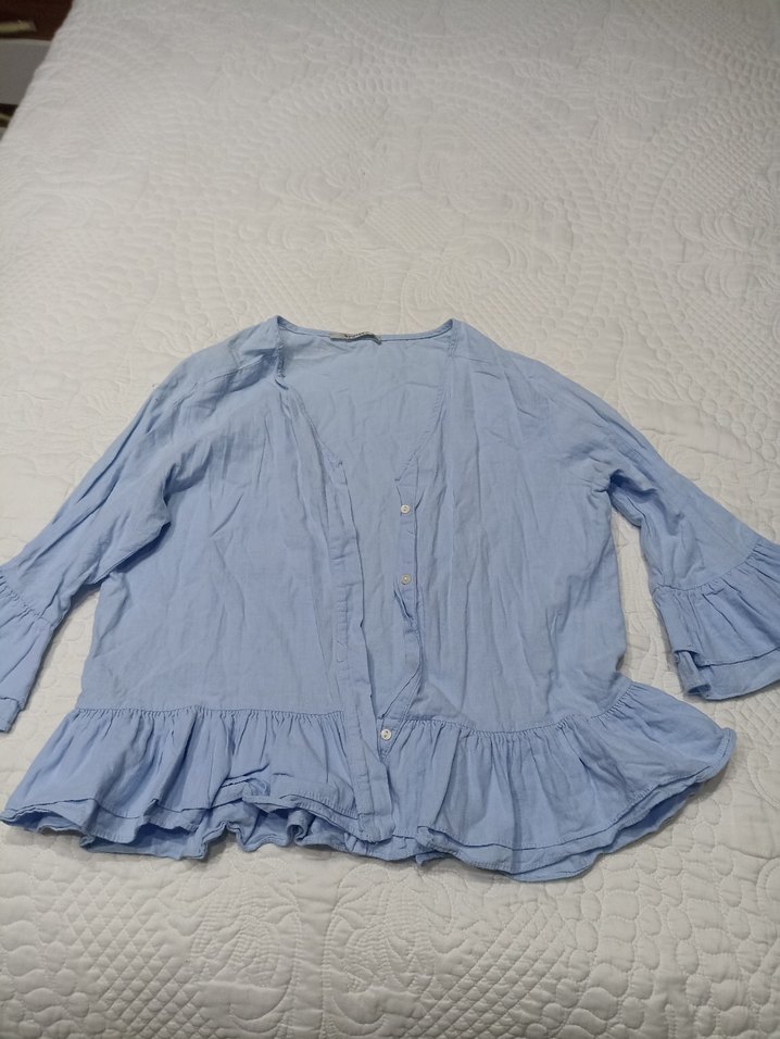 Mavi V Yaka Düğmeli Kadın Keten Gömlek - Görsel 2