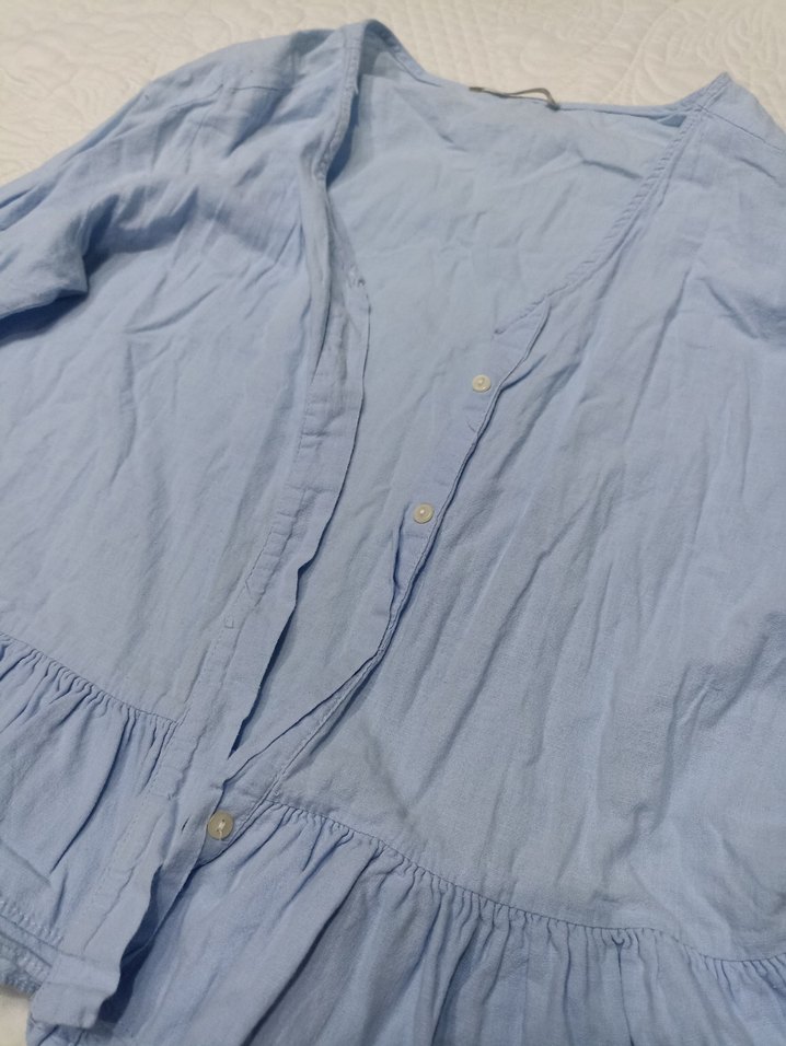 Mavi V Yaka Düğmeli Kadın Keten Gömlek - Görsel 4