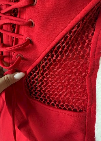 Kırmızı Dantel Detaylı Mini Straplez Elbise - Görsel 6