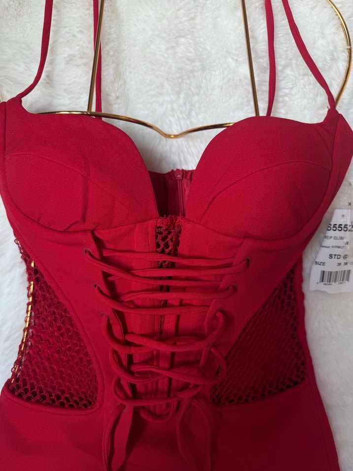 Kırmızı Dantel Detaylı Mini Straplez Elbise - Görsel 5