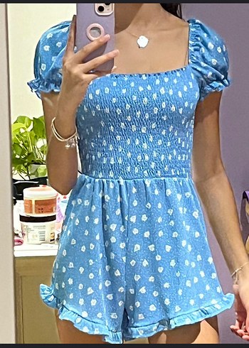 Mavi Mini Denim Tulum, V Yaka, Fırfırlı - Görsel 2