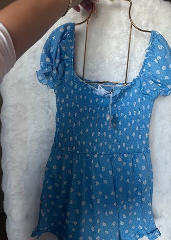 Mavi Mini Denim Tulum, V Yaka, Fırfırlı - Görsel 4