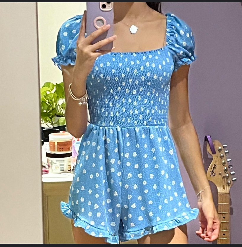 Mavi Mini Denim Tulum, V Yaka, Fırfırlı - Görsel 2