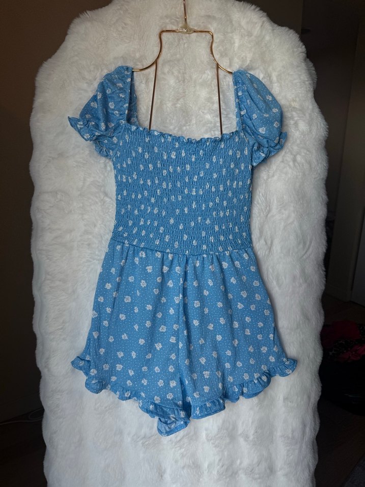 Mavi Mini Denim Tulum, V Yaka, Fırfırlı - Görsel 3