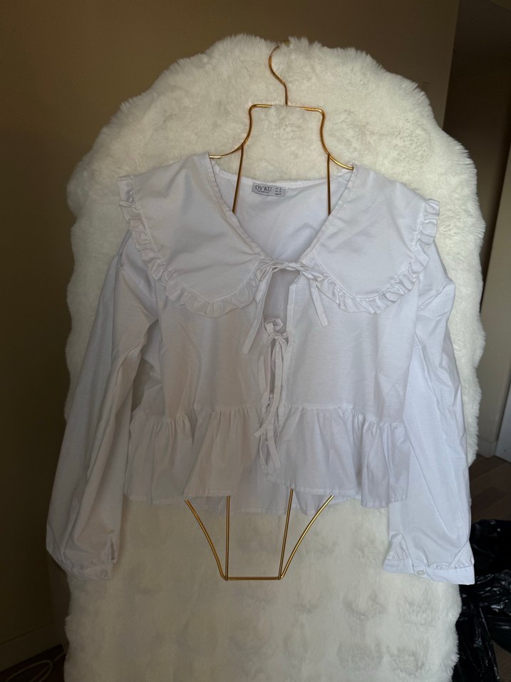 Beyaz Fırfırlı Keten Kadın Gömlek - Görsel 2