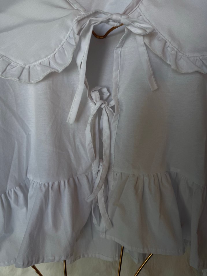 Beyaz Fırfırlı Keten Kadın Gömlek - Görsel 4