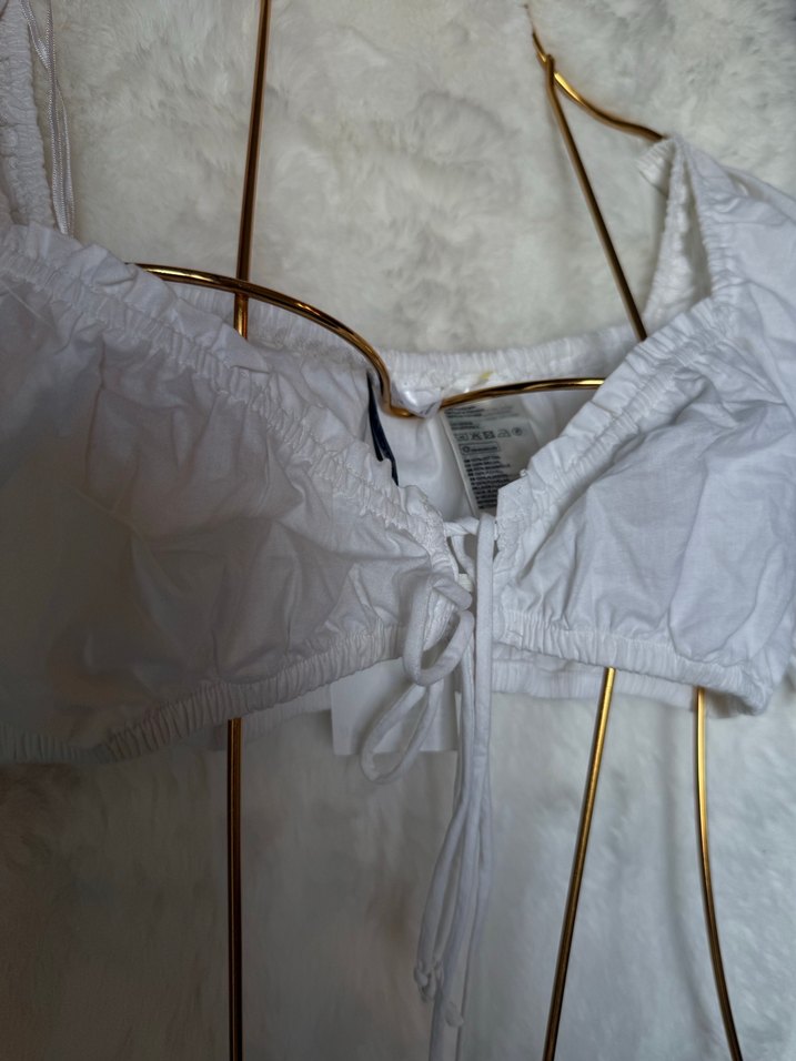 Beyaz Fırfırlı Kısa Keten Bluz - Görsel 3