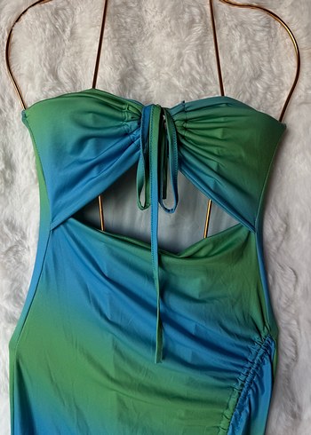 Drapeli Çok Renkli Uzun Straplez Elbise - Görsel 4