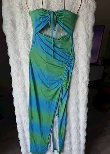 Drapeli Çok Renkli Uzun Straplez Elbise - Görsel 2