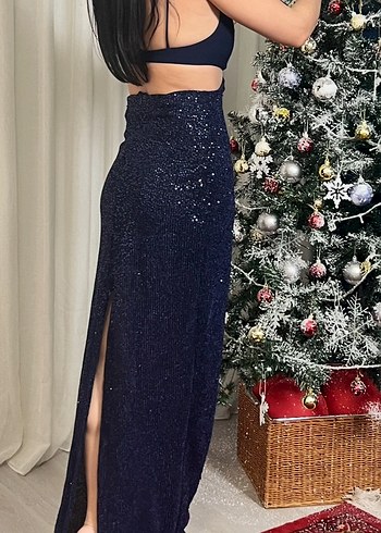 Lacivert Drapeli Uzun Strappy Abiye Elbise - Görsel 2