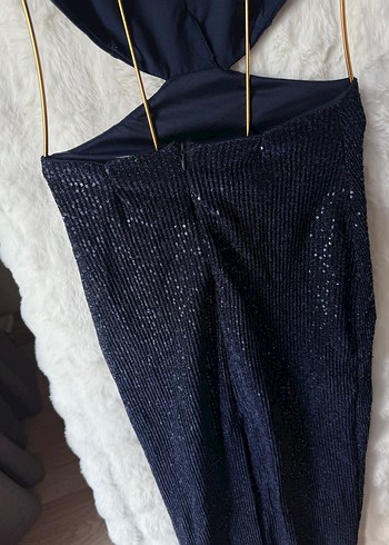 Lacivert Drapeli Uzun Strappy Abiye Elbise - Görsel 6