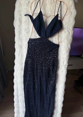 Lacivert Drapeli Uzun Strappy Abiye Elbise - Görsel 3