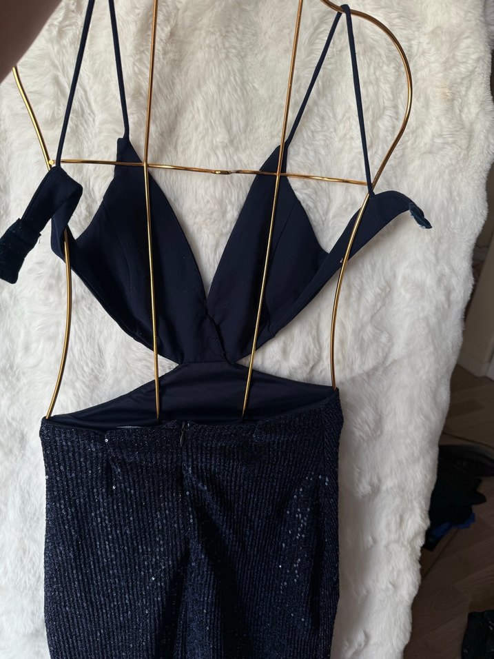 Lacivert Drapeli Uzun Strappy Abiye Elbise - Görsel 5