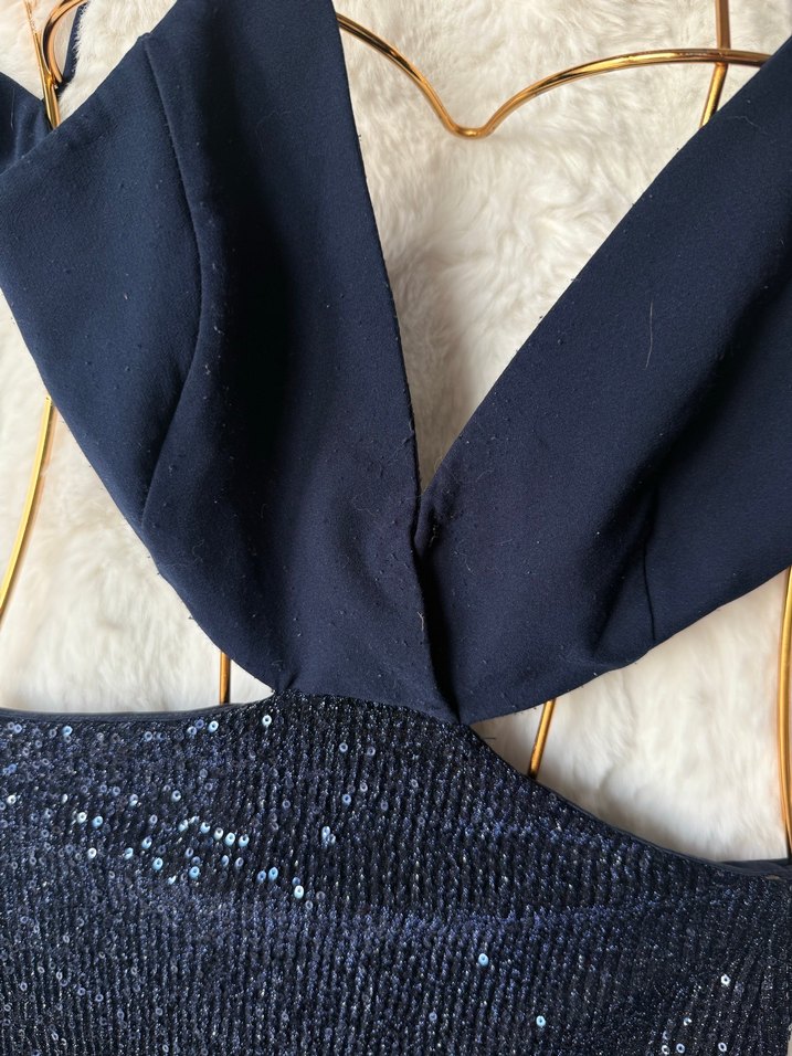 Lacivert Drapeli Uzun Strappy Abiye Elbise - Görsel 4