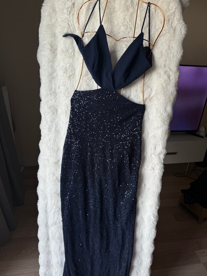 Lacivert Drapeli Uzun Strappy Abiye Elbise - Görsel 3