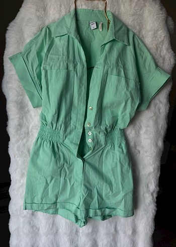 Yeşil Kısa Kollu Keten Mini Tulum - Görsel 3