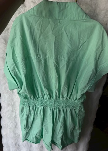 Yeşil Kısa Kollu Keten Mini Tulum - Görsel 4