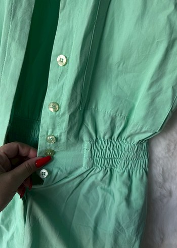 Yeşil Kısa Kollu Keten Mini Tulum - Görsel 5