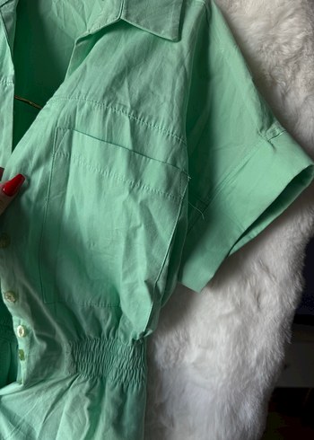 Yeşil Kısa Kollu Keten Mini Tulum - Görsel 6