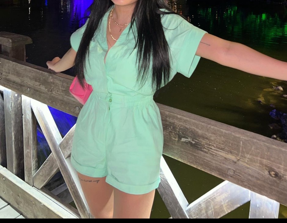 Yeşil Kısa Kollu Keten Mini Tulum - Görsel 2