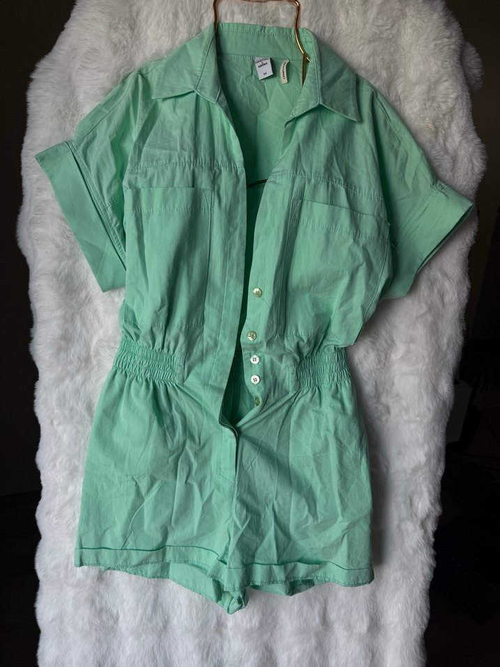 Yeşil Kısa Kollu Keten Mini Tulum - Görsel 3