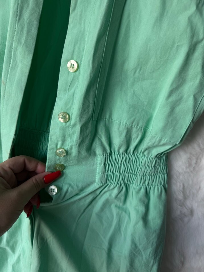 Yeşil Kısa Kollu Keten Mini Tulum - Görsel 5