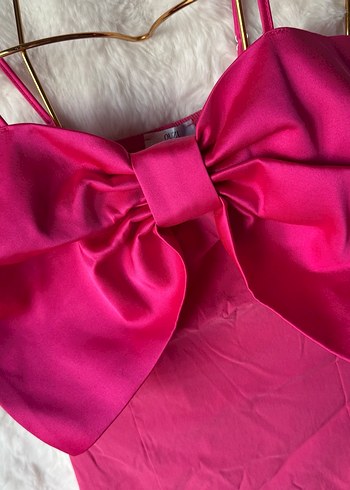 Pembe Mini Straplez Fiyonk Detaylı Kadın elbise - Görsel 4