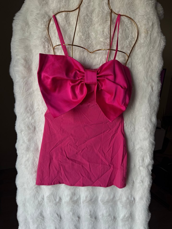 Pembe Mini Straplez Fiyonk Detaylı Kadın elbise - Görsel 2