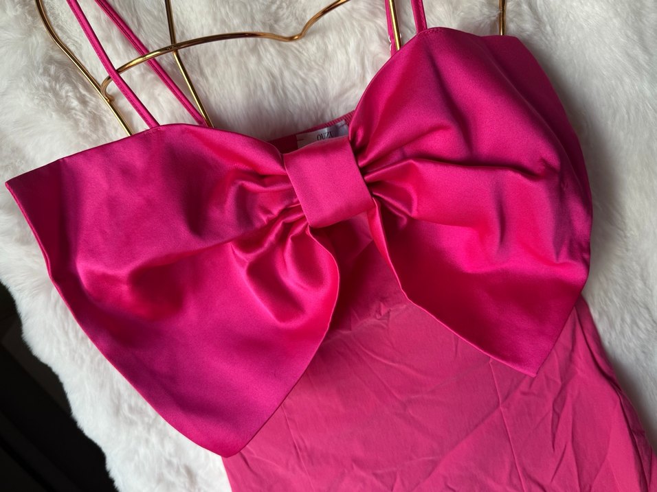 Pembe Mini Straplez Fiyonk Detaylı Kadın elbise - Görsel 4