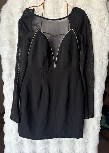 Siyah V Yakalı Uzun Kollu Dar Kesim Elbise - Görsel 4