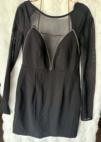 Siyah V Yakalı Uzun Kollu Dar Kesim Elbise - Görsel 3