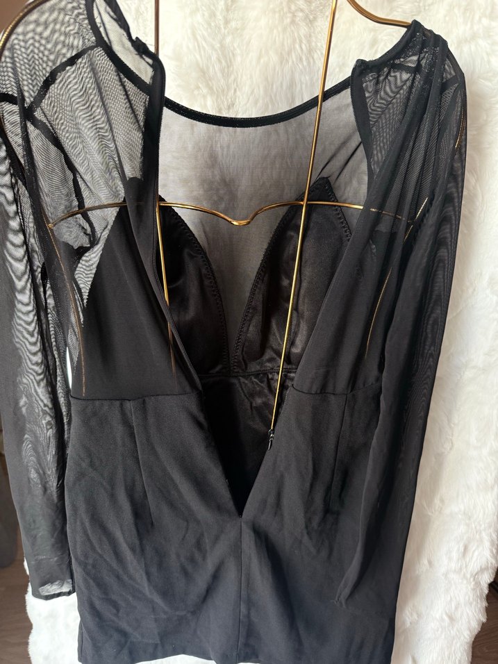 Siyah V Yakalı Uzun Kollu Dar Kesim Elbise - Görsel 5