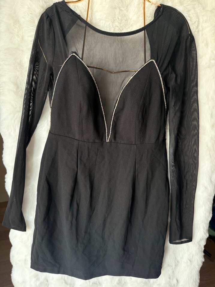 Siyah V Yakalı Uzun Kollu Dar Kesim Elbise - Görsel 3