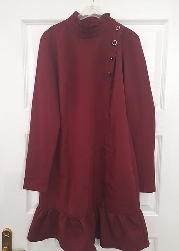 Bordo Düğmeli Midi Elbise